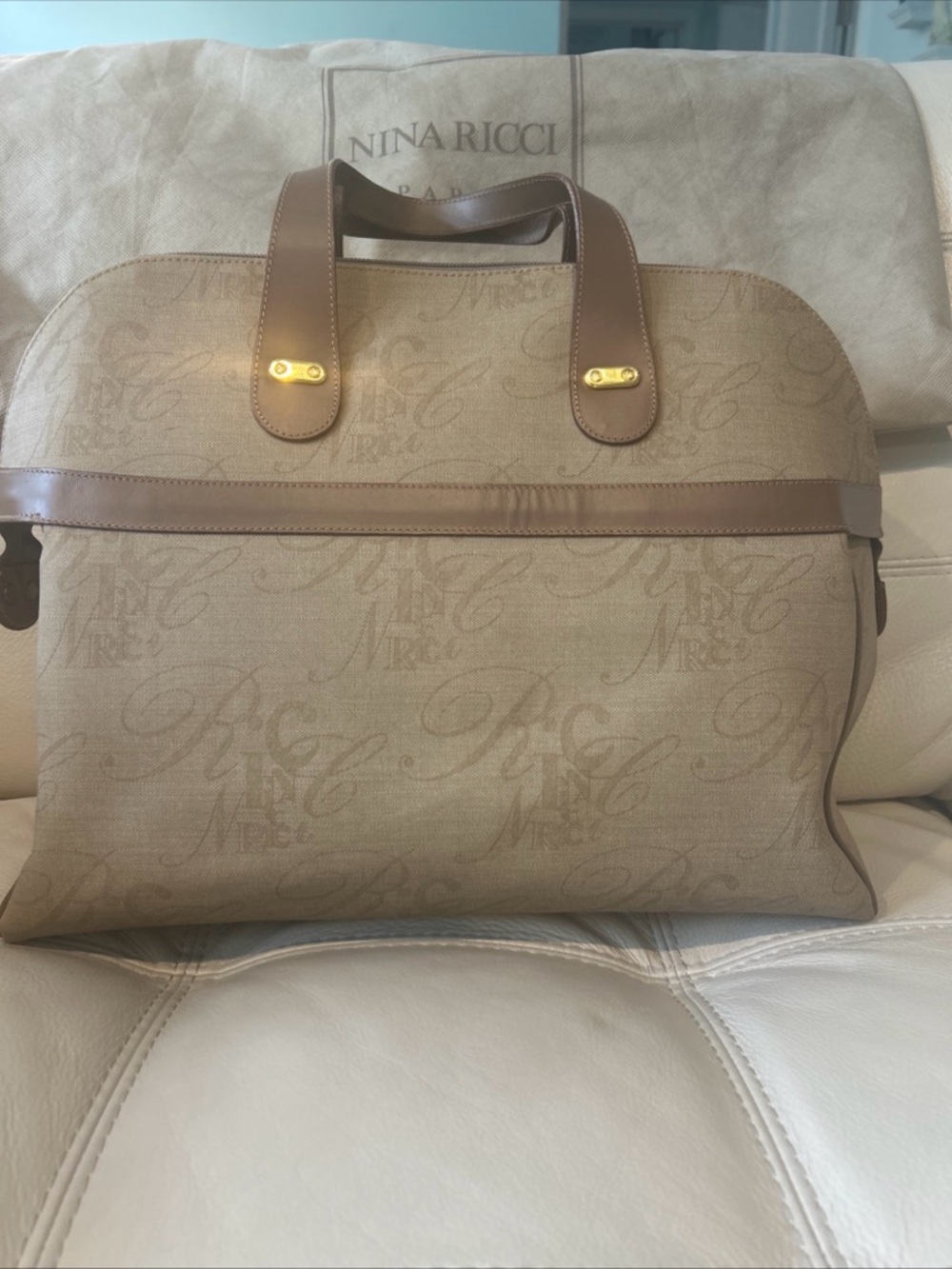 Nina Ricci Beige Canvas Coated Vintage Satchel with Brown Leather Trim/Gold - Picture 9 of 12